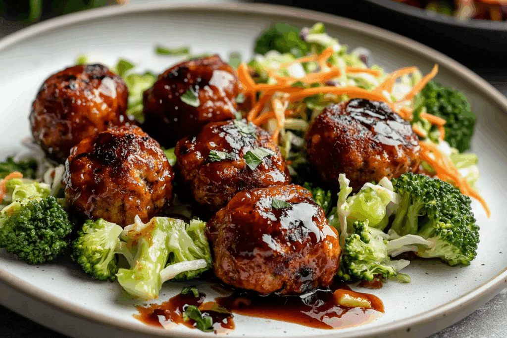 Sticky BBQ Chicken Meatballs with Broccoli Slaw