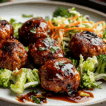 Sticky BBQ Chicken Meatballs with Broccoli Slaw
