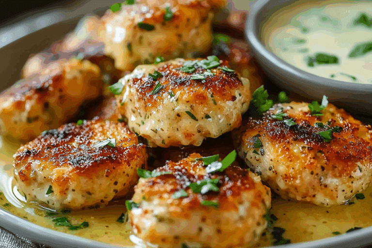 Garlic Butter Parmesan Chicken Bites with Creamy Herb Sauce