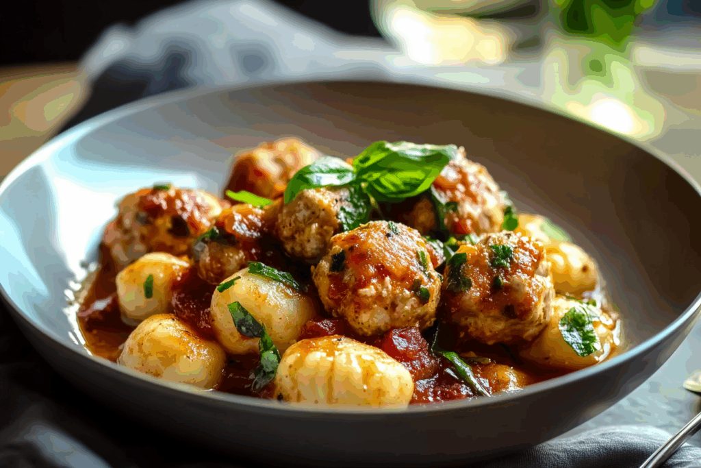 Slow Cooker Tuscan Chicken Meatballs with Gnocchi