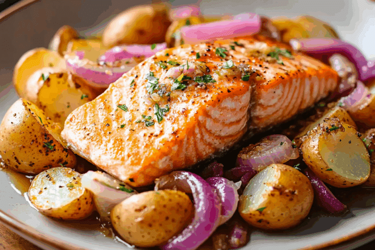 Salmon with Crispy Bagel-Seasoning New Potatoes & Pickled Onions