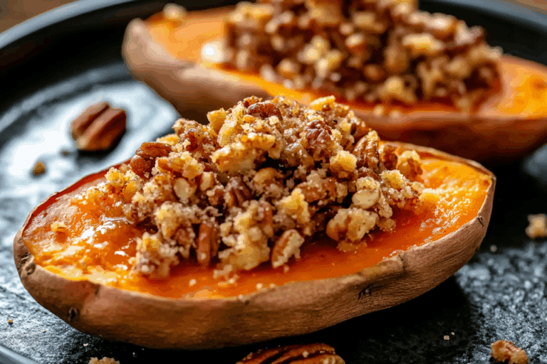 Twice Baked Sweet Potatoes with Pecan Streusel