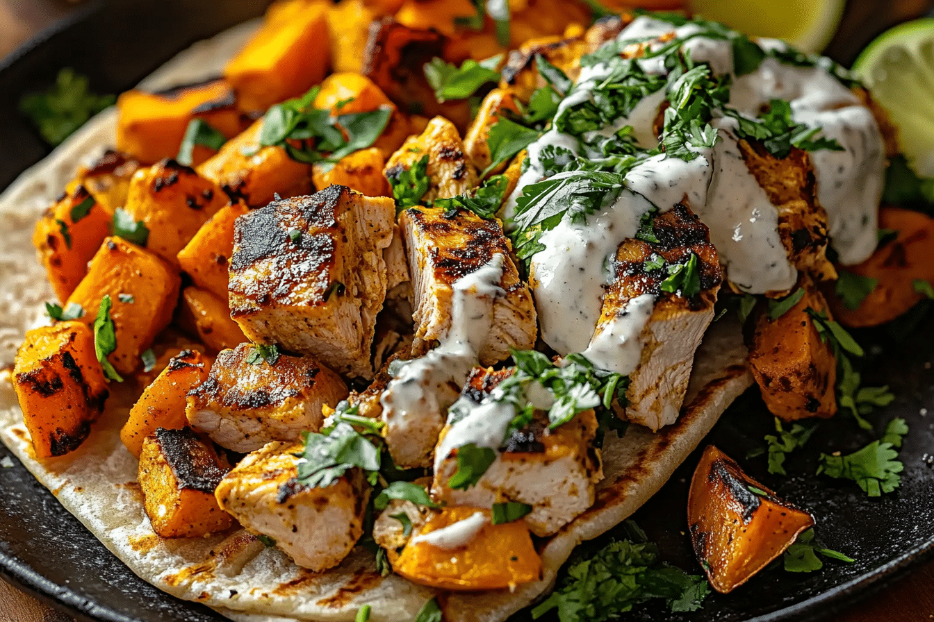 Curry Chicken Gyro and Tahini Sweet Potatoes