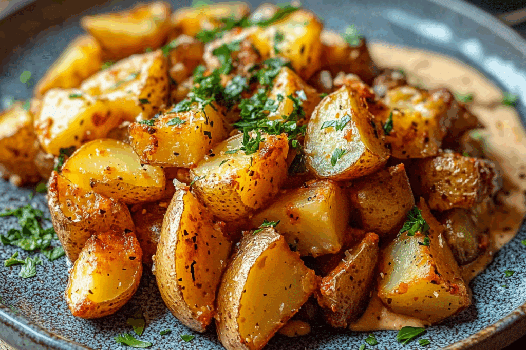 Pecorino Garlic Potatoes over Harissa Mayo