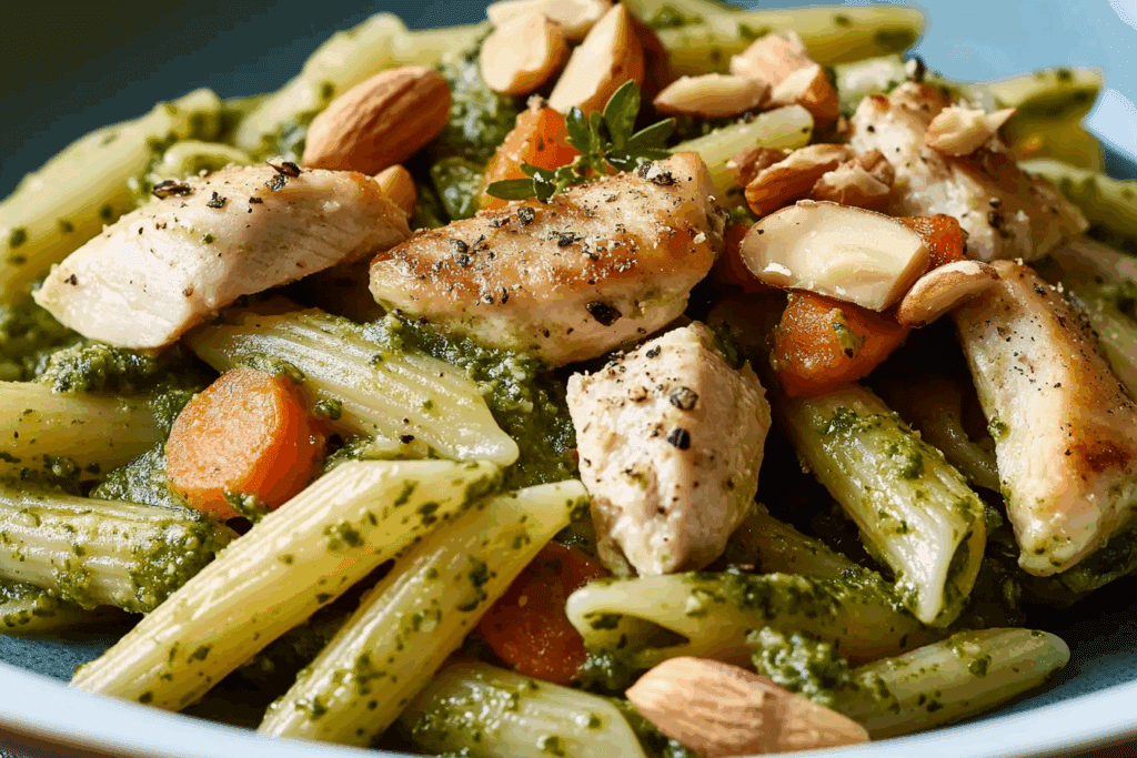 Chicken & Vegetable Penne with Parsley-Walnut Pesto