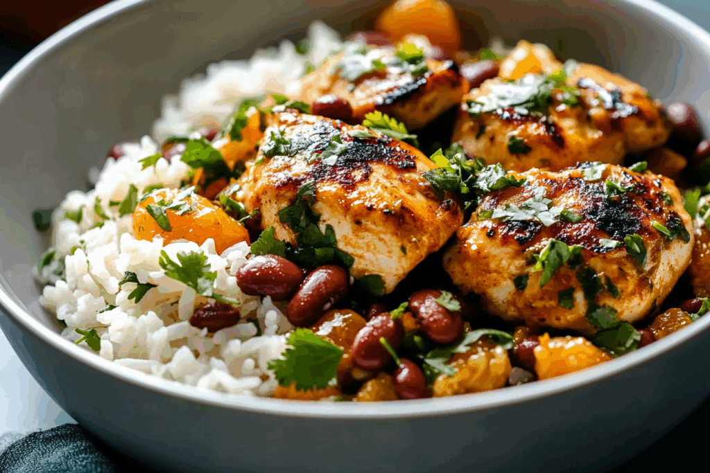 Cilantro Orange Chicken with Rice and Beans