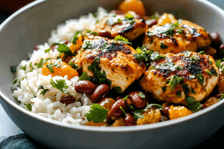 Cilantro Orange Chicken with Rice and Beans