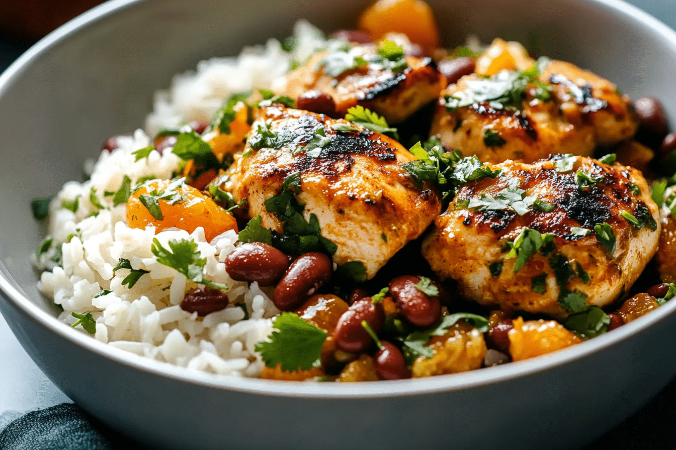 Cilantro Orange Chicken with Rice and Beans