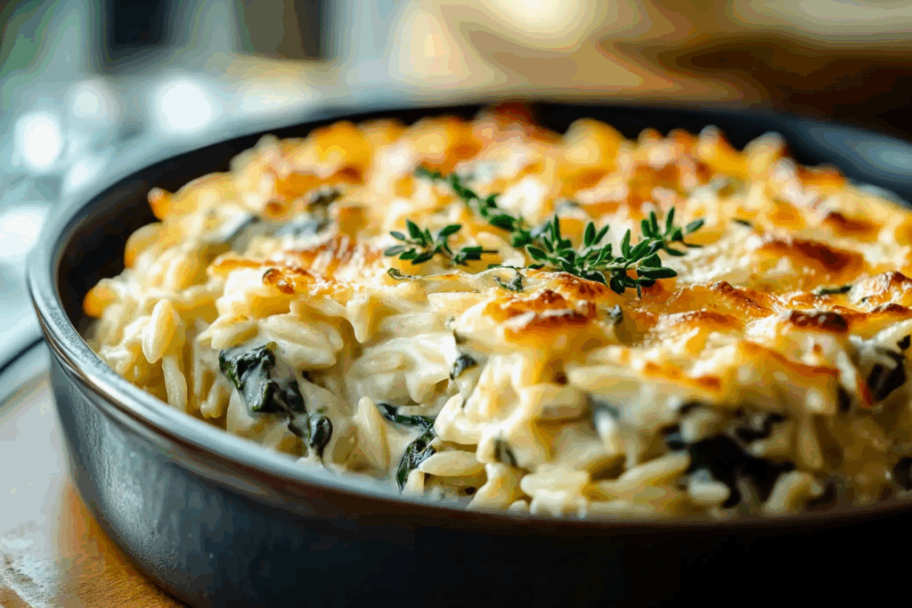 One Pan Creamy Spinach and Artichoke Orzo Bake
