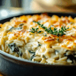 One Pan Creamy Spinach and Artichoke Orzo Bake