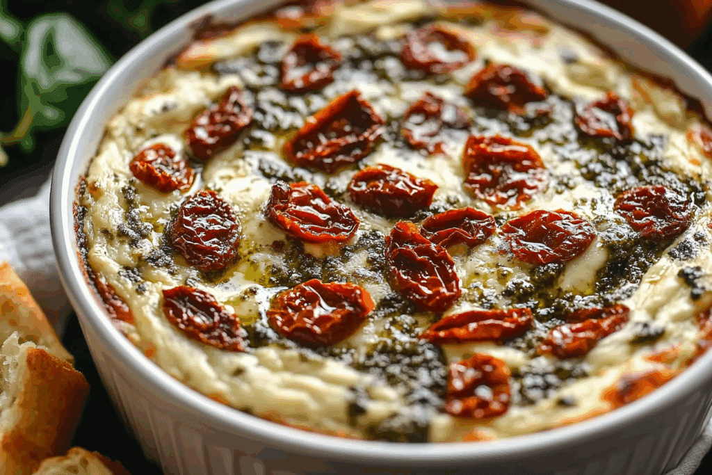 Easy Cheesy Baked Pesto and Sun-Dried Tomato Dip