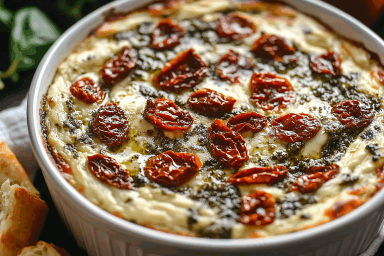 Easy Cheesy Baked Pesto and Sun-Dried Tomato Dip