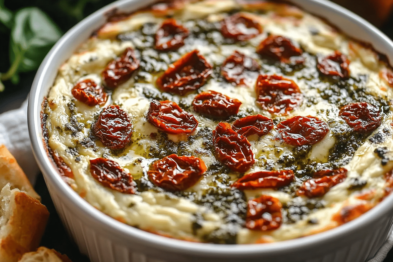 Easy Cheesy Baked Pesto and Sun-Dried Tomato Dip
