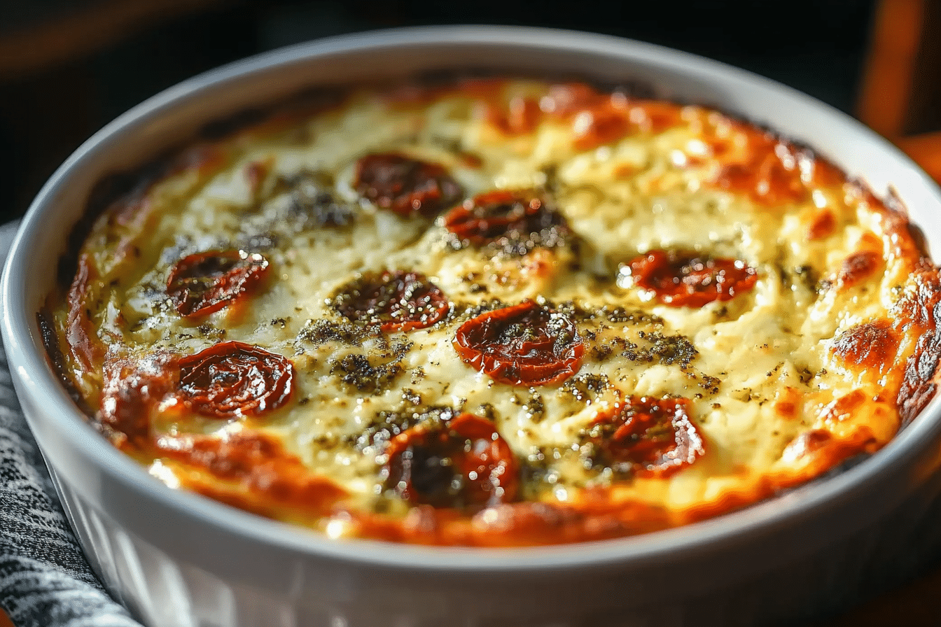 Easy Cheesy Baked Pesto and Sun-Dried Tomato Dip
