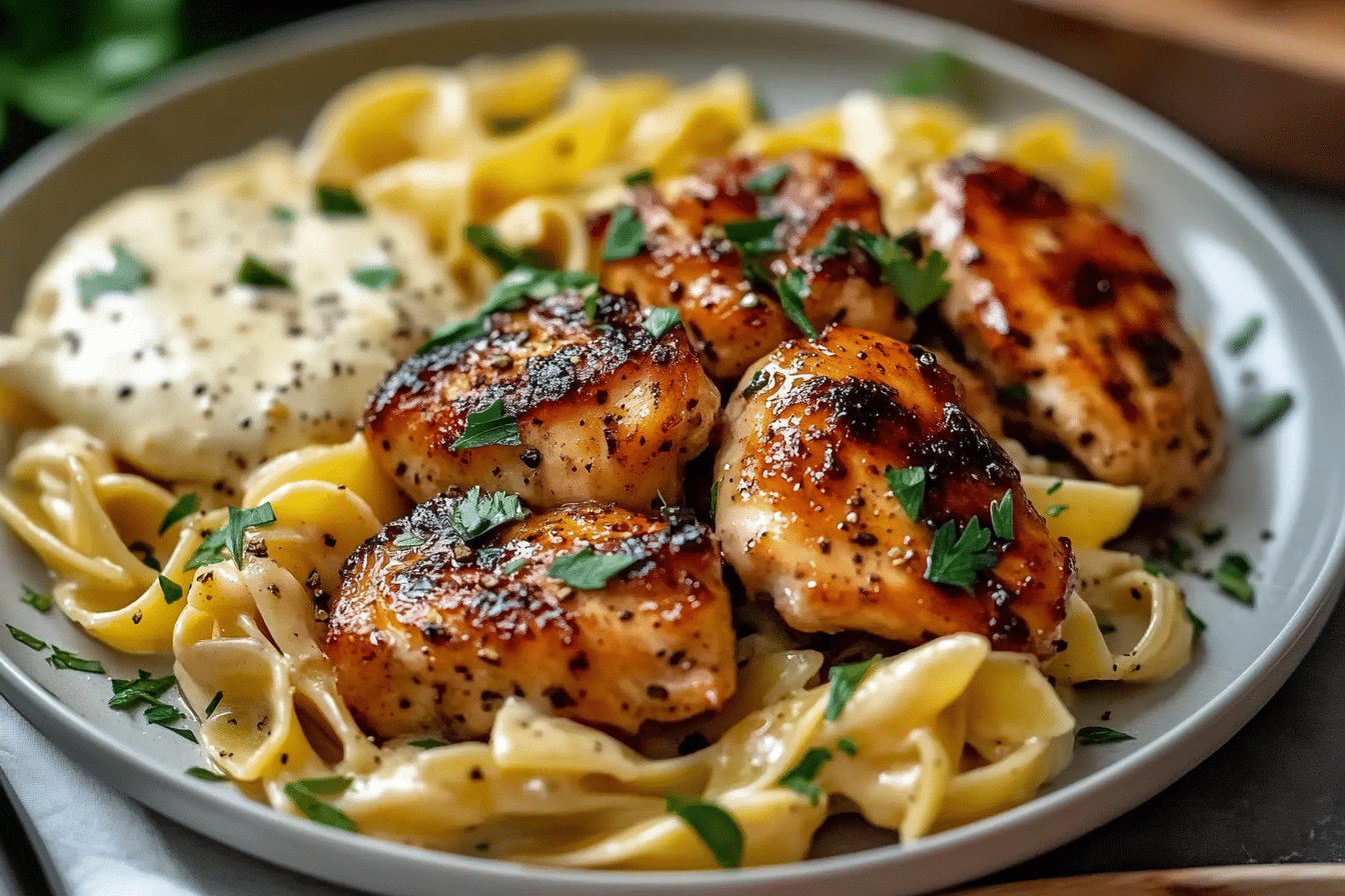 Honey Pepper Chicken with Creamy Garlic Butter Pasta
