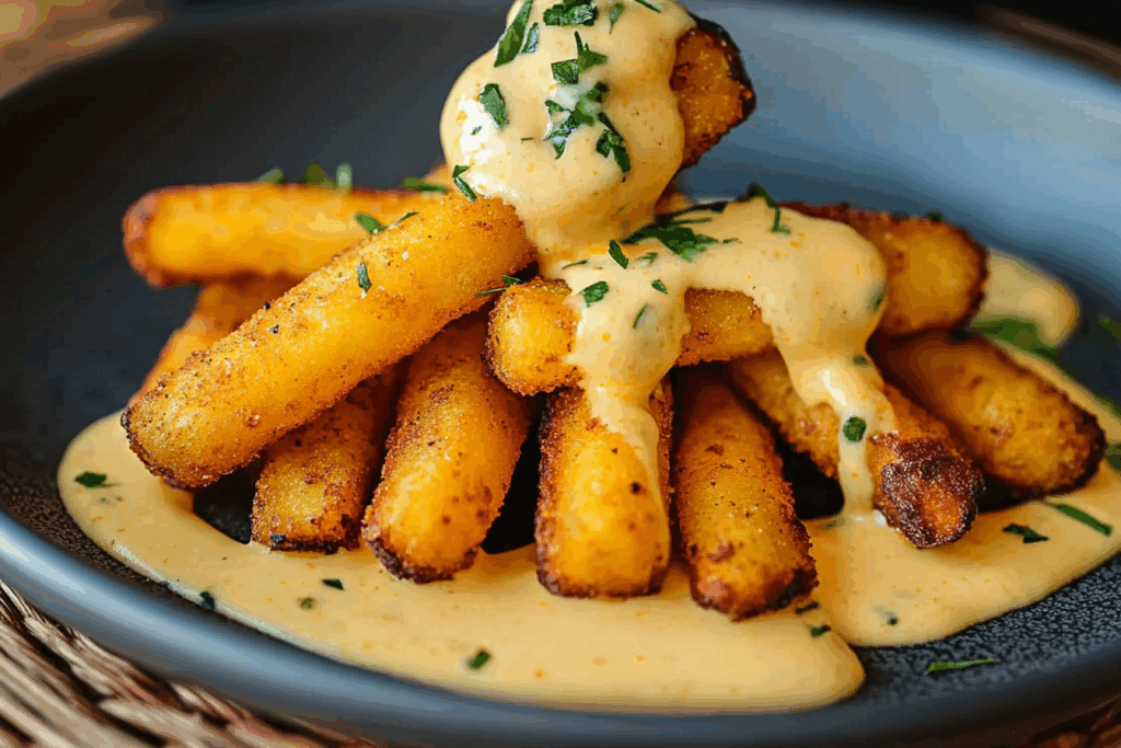 Crispy Veggie Potato Sticks with Cheese Sauce
