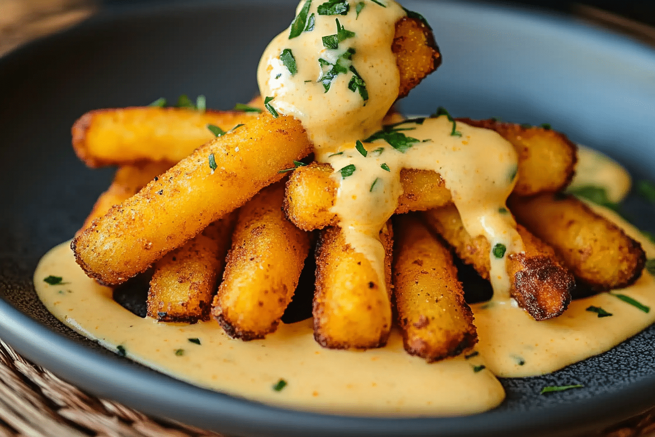 Crispy Veggie Potato Sticks with Cheese Sauce