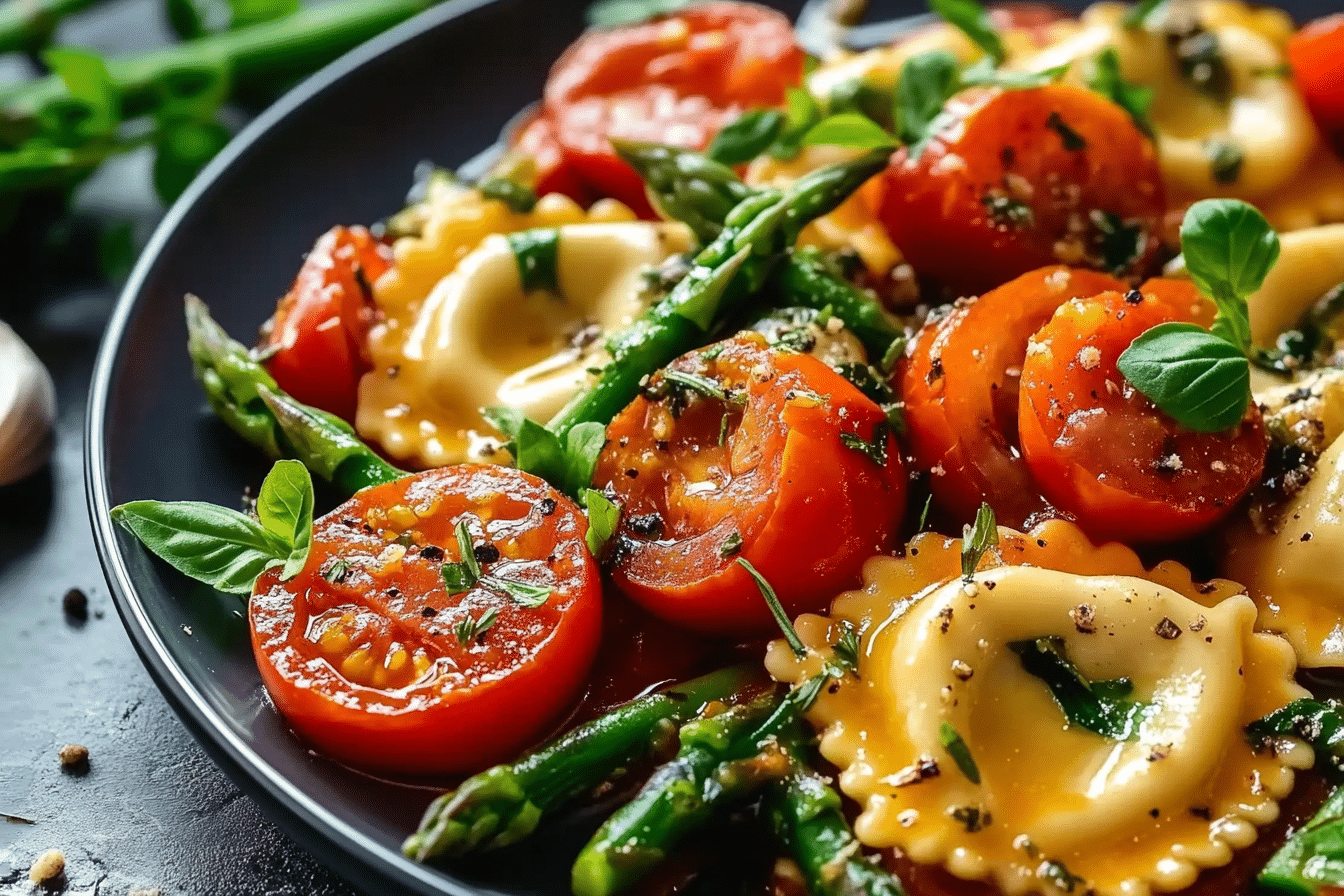 Ravioli with Tomatoes, Asparagus, Garlic, and Herbs