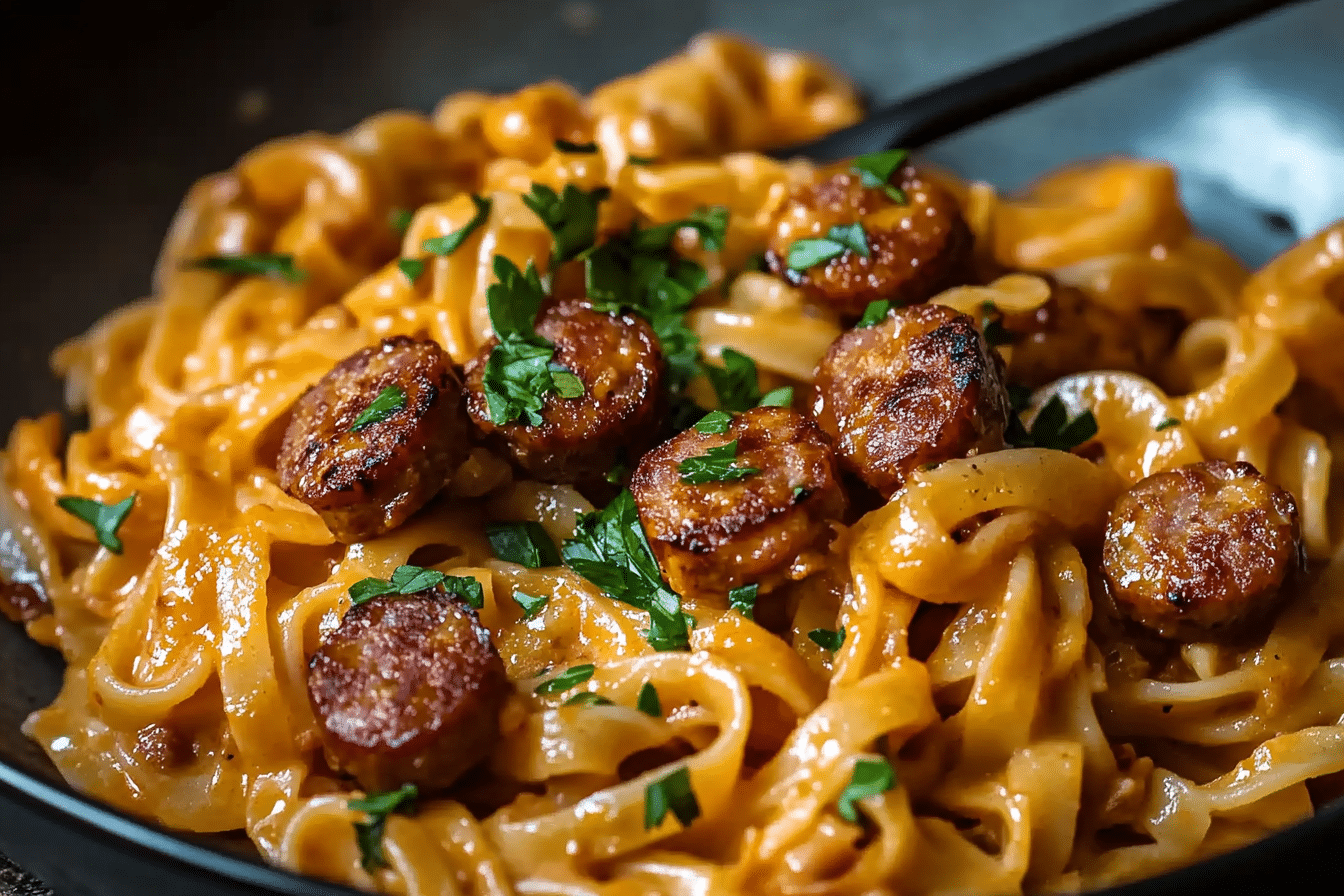 Creamy Spicy Garlic Noodles with Sausage