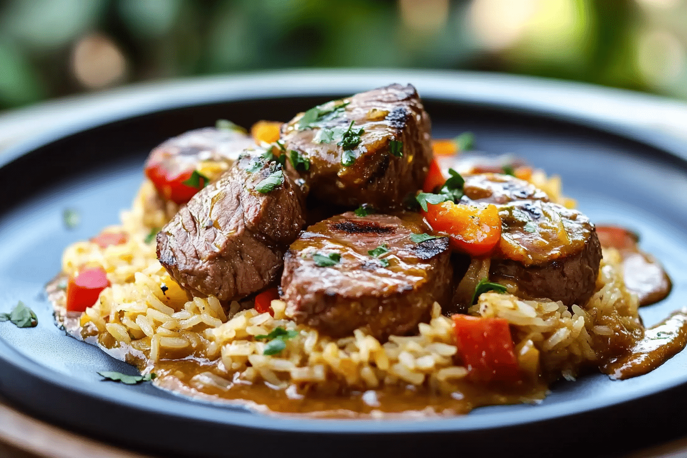 Rice with Beef Tenderloin and Pepper Sauce