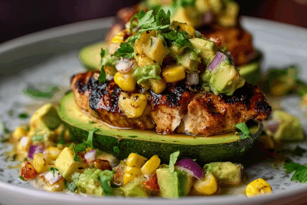 Honey Lime Chicken Stuffed Avocados with Corn Salsa