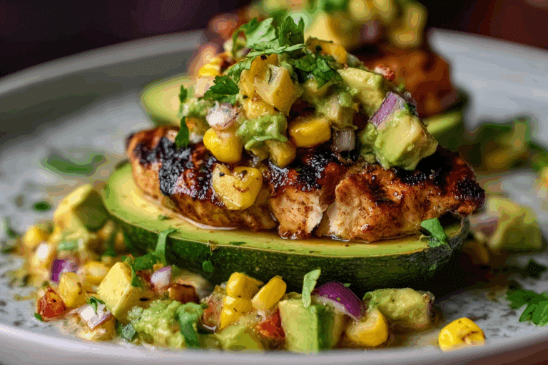 Honey Lime Chicken Stuffed Avocados with Corn Salsa