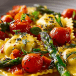 Ravioli with Tomatoes, Asparagus, Garlic, and Herbs