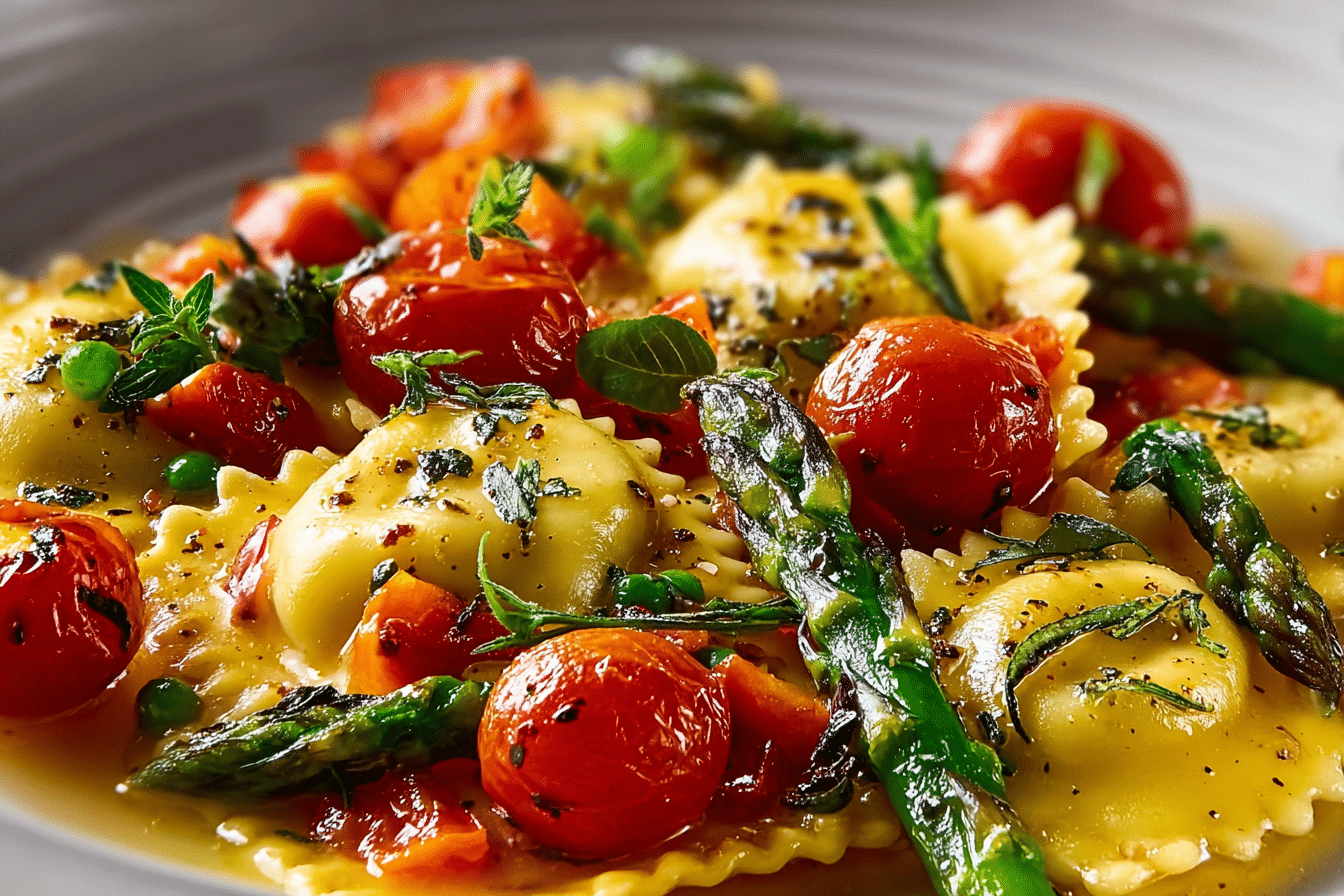 Ravioli with Tomatoes, Asparagus, Garlic, and Herbs