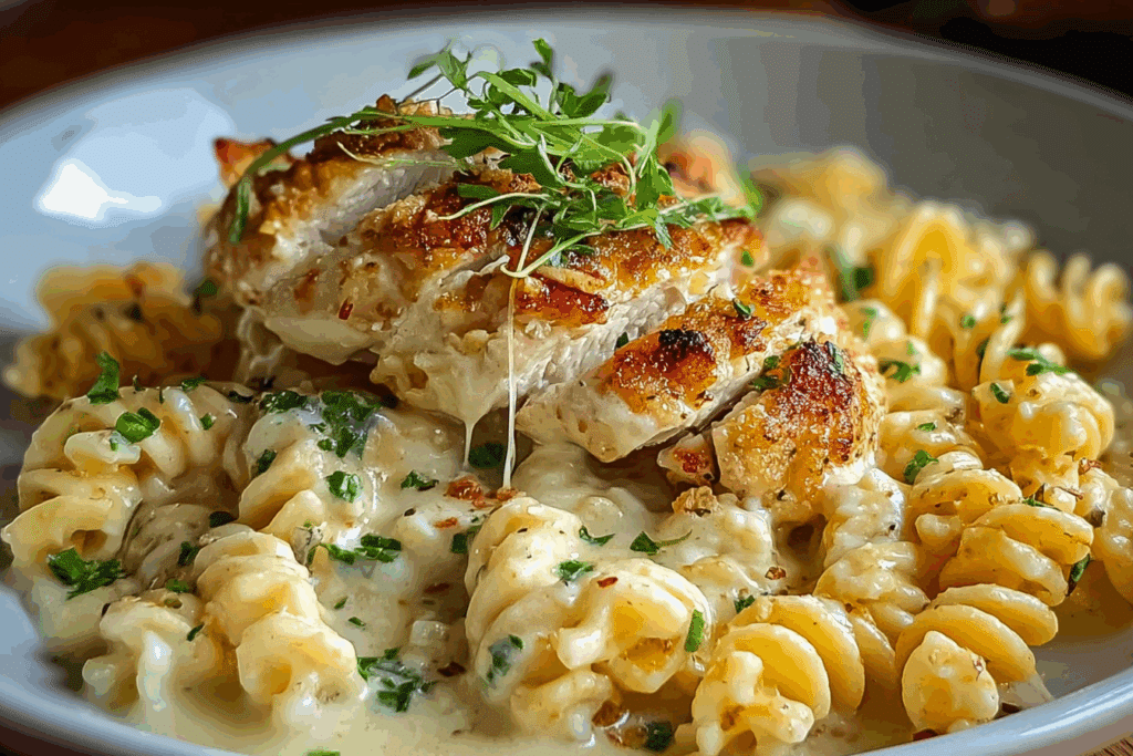 Creamy Garlic Parmesan Chicken with Cheesy Twisted Pasta