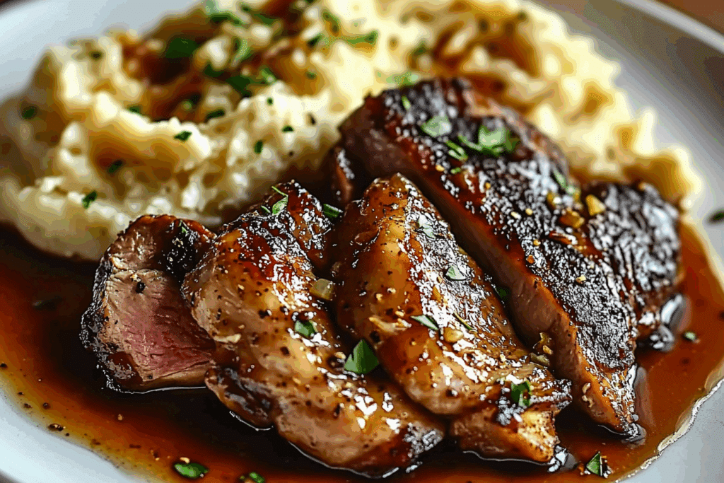 Slow-Cooked Garlic Butter Chicken & Ribeye with Creamy Parmesan Mash