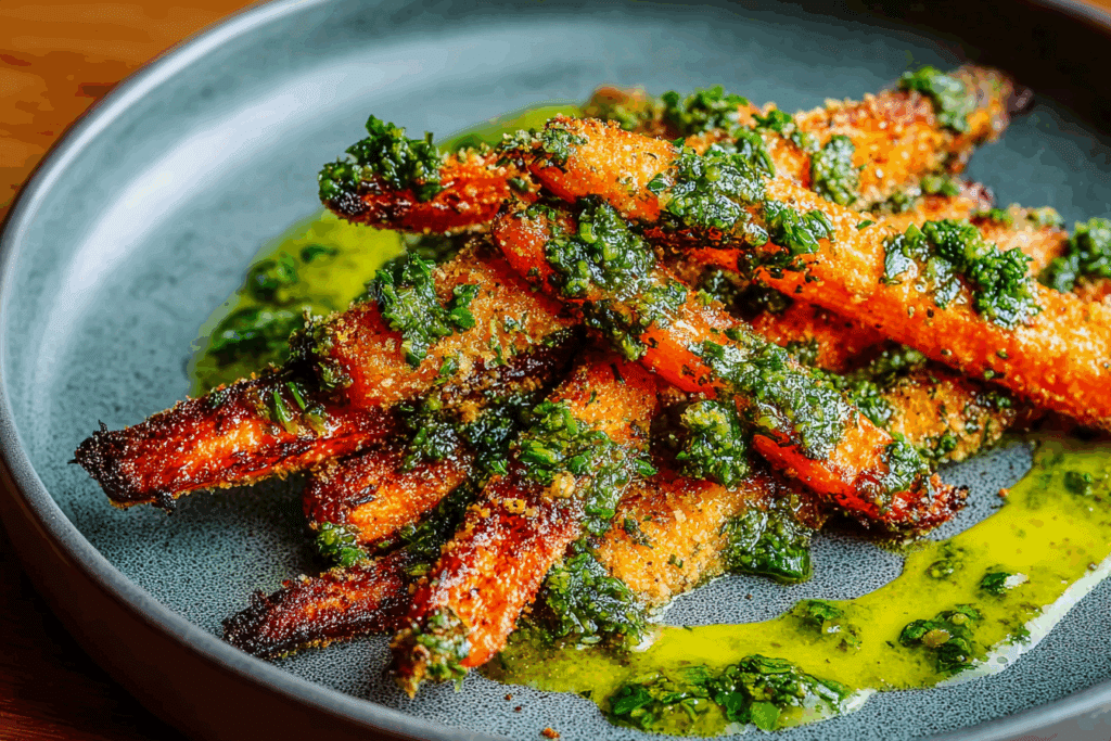 The Best! Crunchy Parmesan Carrots with Salsa Verde