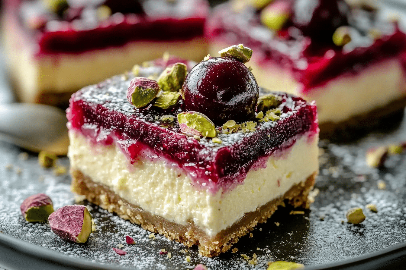 Heavenly Cherry Pistachio Cheesecake Bars