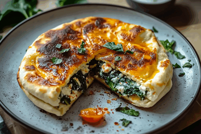 Cheesy Crispy Feta & Spinach Stuffed Pitas with Garlic Yoghurt