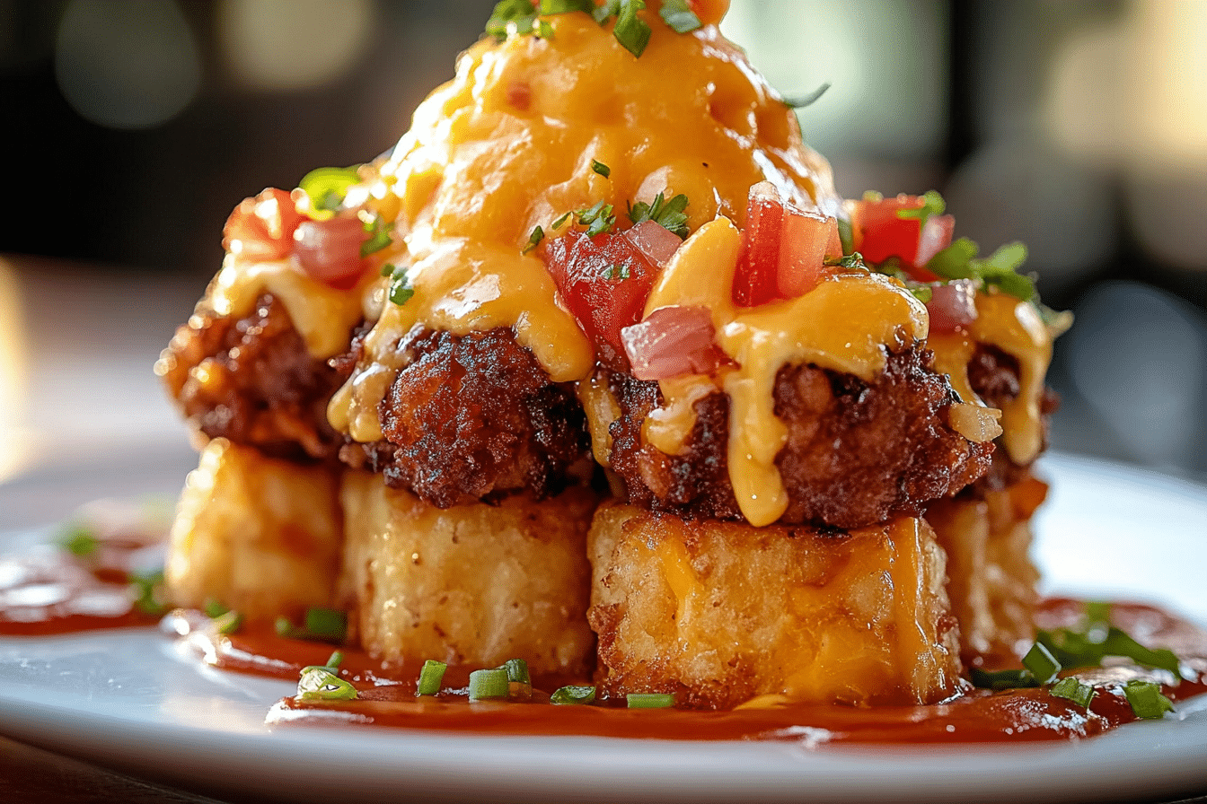 Cheeseburger Stuffed Tater Tot Cones with Colossal Cheese Volcano
