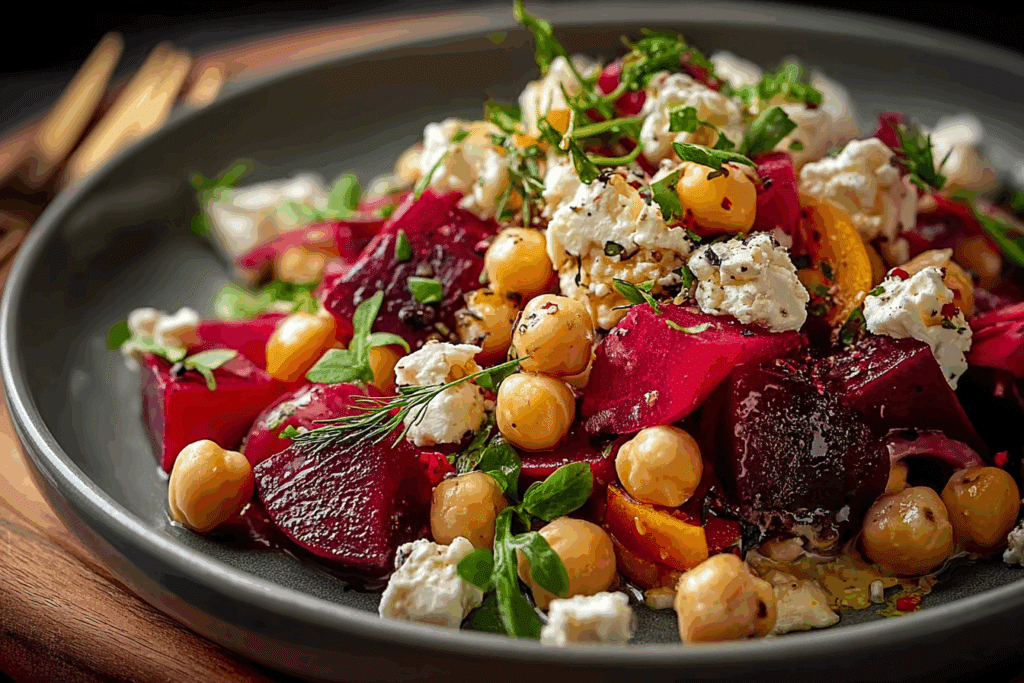 Chickpea, Beet & Feta Salad with Lemon-Garlic Vinaigrette