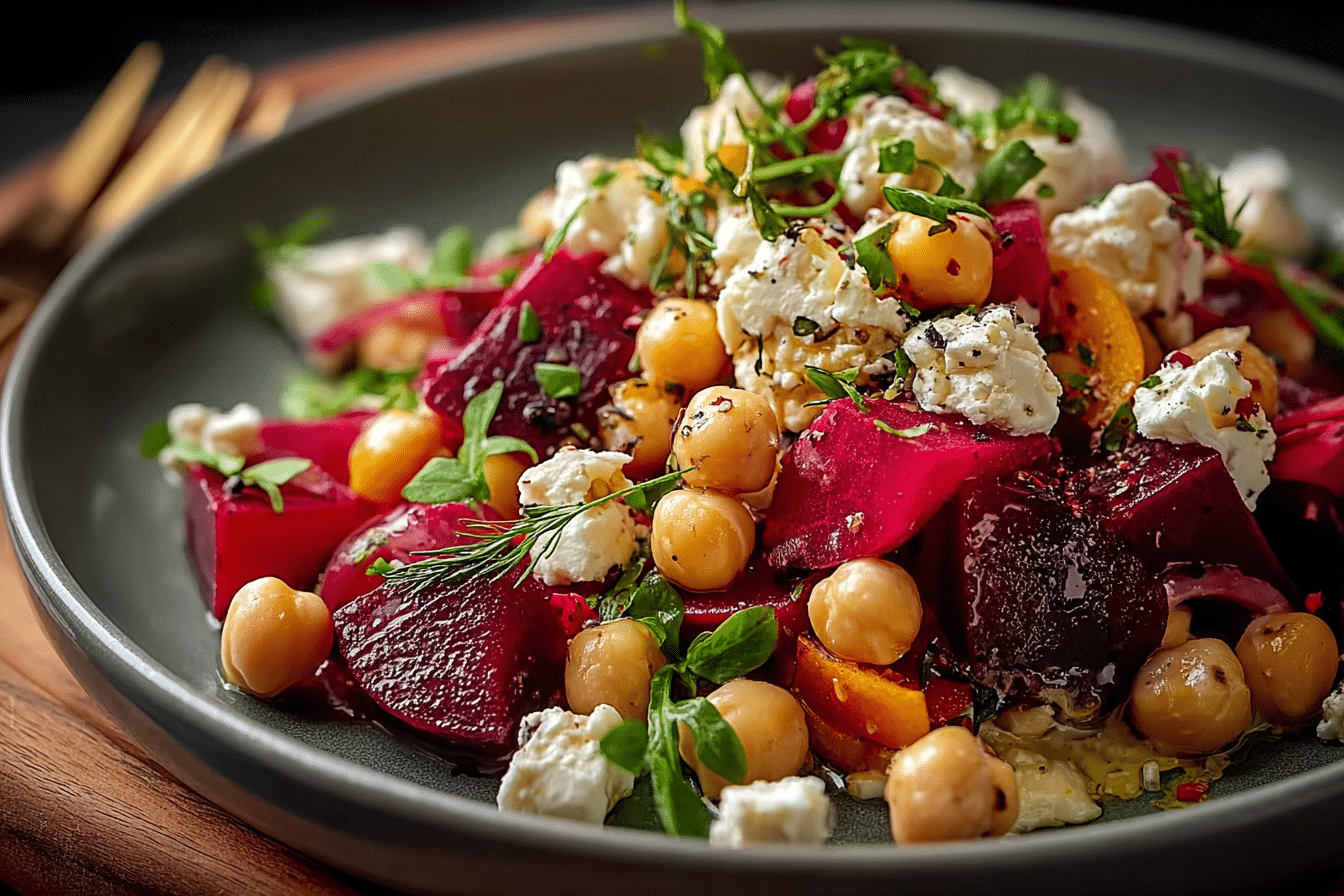 Chickpea, Beet & Feta Salad with Lemon-Garlic Vinaigrette