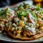 Street Corn Chicken Tostada Melts with Cilantro Lime Cream