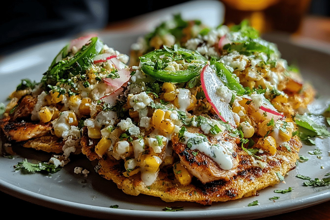 Street Corn Chicken Tostada Melts with Cilantro Lime Cream