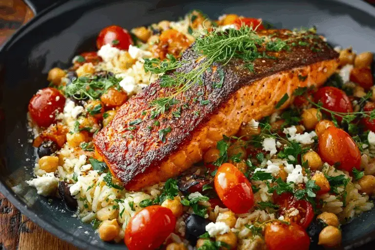 Mediterranean Salmon with Rice and Chickpeas