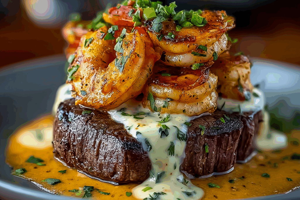 Steak Topped with Creamy Cajun Shrimp Sauce