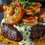Steak Topped with Creamy Cajun Shrimp Sauce