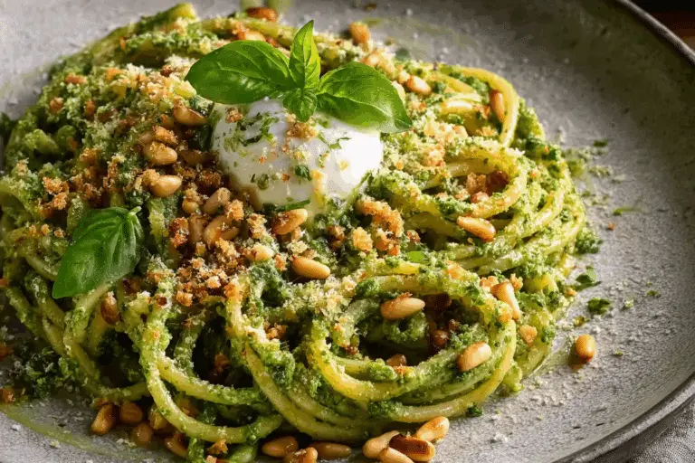 Classic Pesto Pasta with Burrata and Toasted Pine Nuts