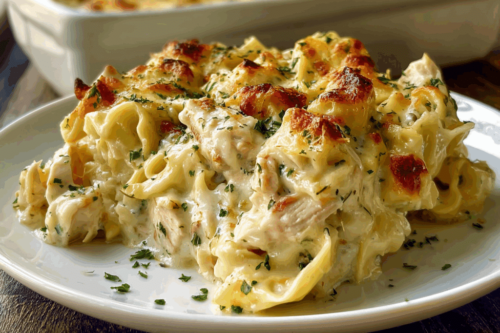 Dump-and-Bake Creamy Chicken Alfredo Tortellini Casserole