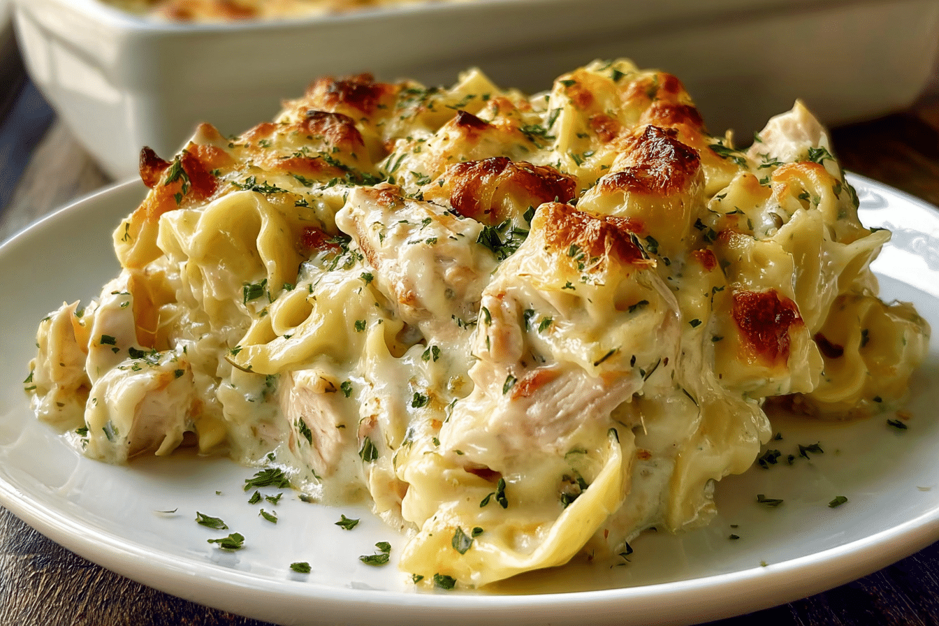Dump-and-Bake Creamy Chicken Alfredo Tortellini Casserole