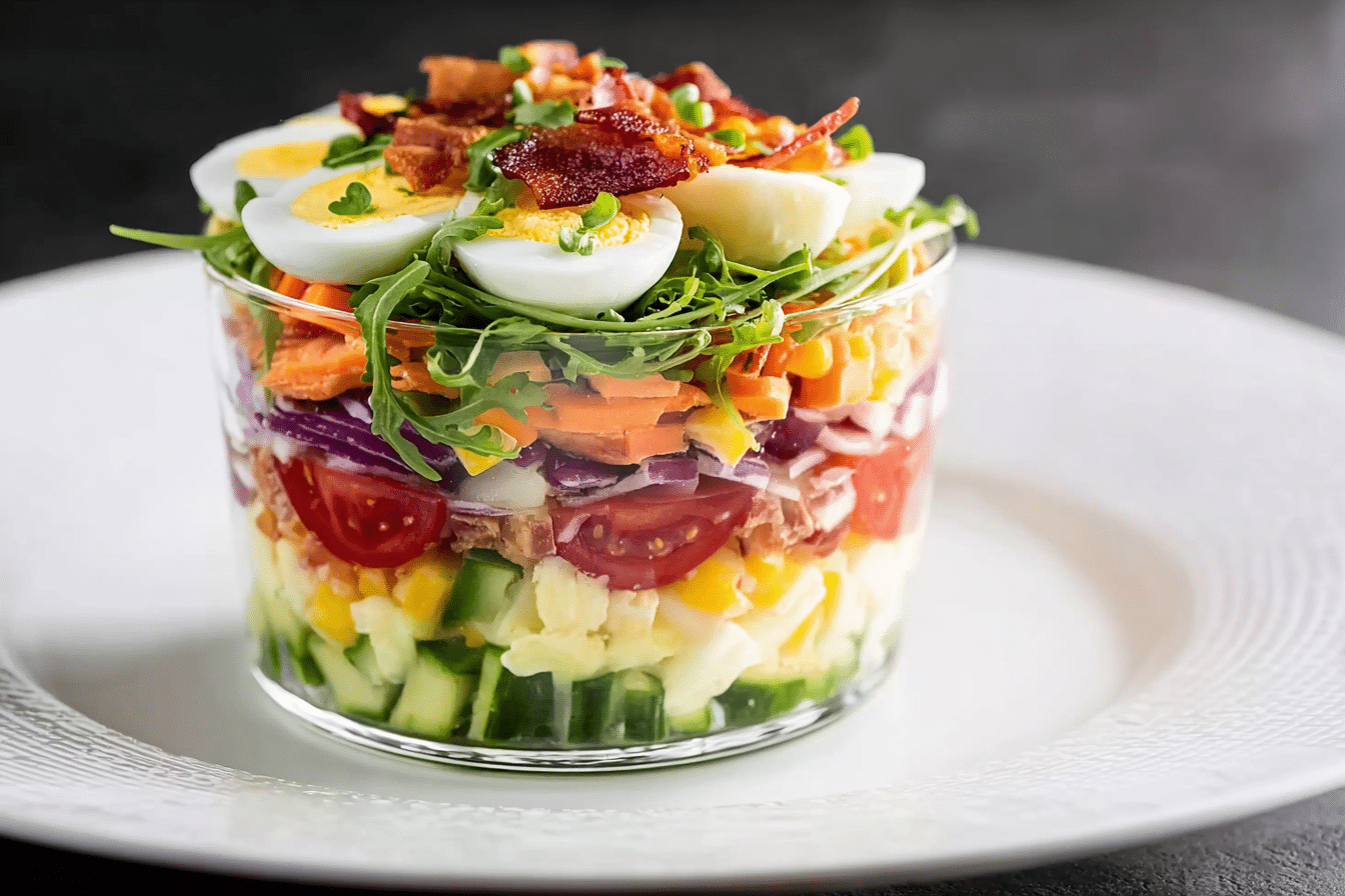 Layered Vegetable Salad with Egg & Cheese