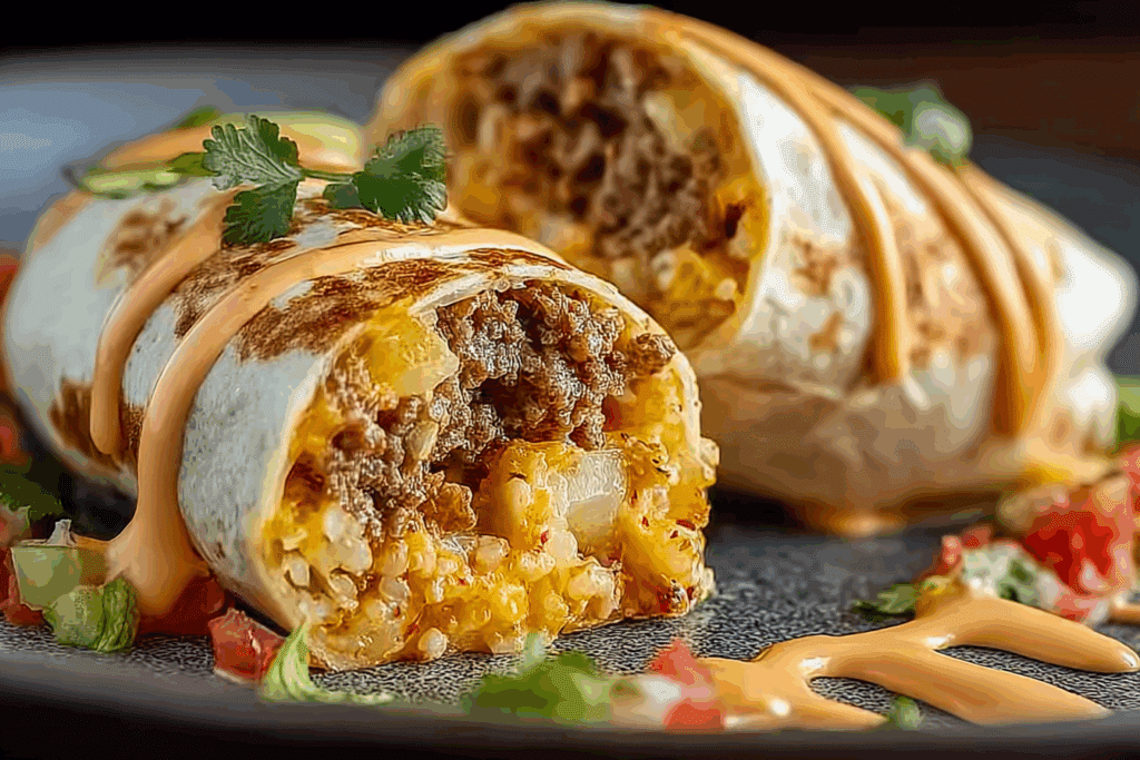 Cheesy Beef & Potato Burritos with Nacho Sauce