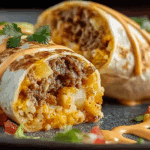 Cheesy Beef & Potato Burritos with Nacho Sauce