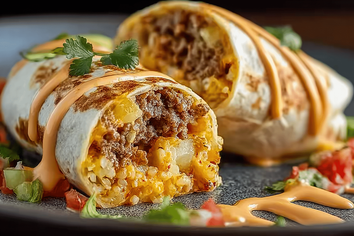Cheesy Beef & Potato Burritos with Nacho Sauce