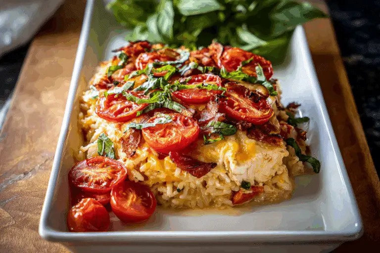 Tomato Cheddar Chicken and Rice Bake