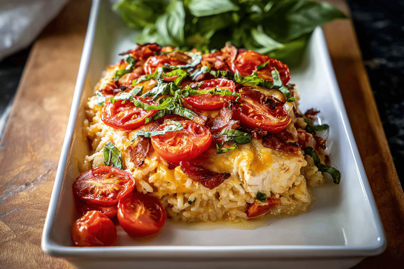 Tomato Cheddar Chicken and Rice Bake